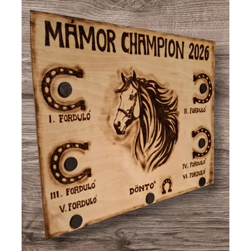 Mámor Champion kézzel gravírozott fa gyűjtő tábla