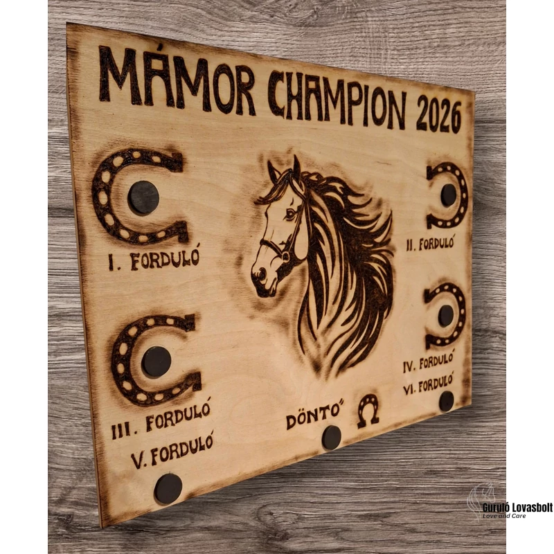 Mámor Champion kézzel gravírozott fa gyűjtő tábla